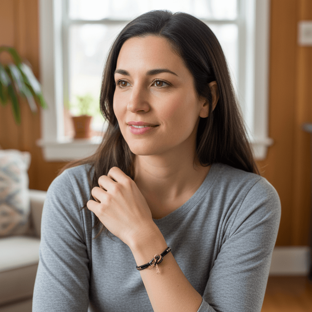 Female model wearing pink braided breast cancer awareness bracelet