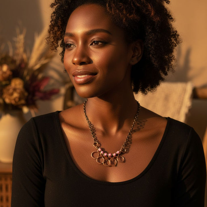 Copper Wire Wrapped Sculpted Pink Gemstone Necklace