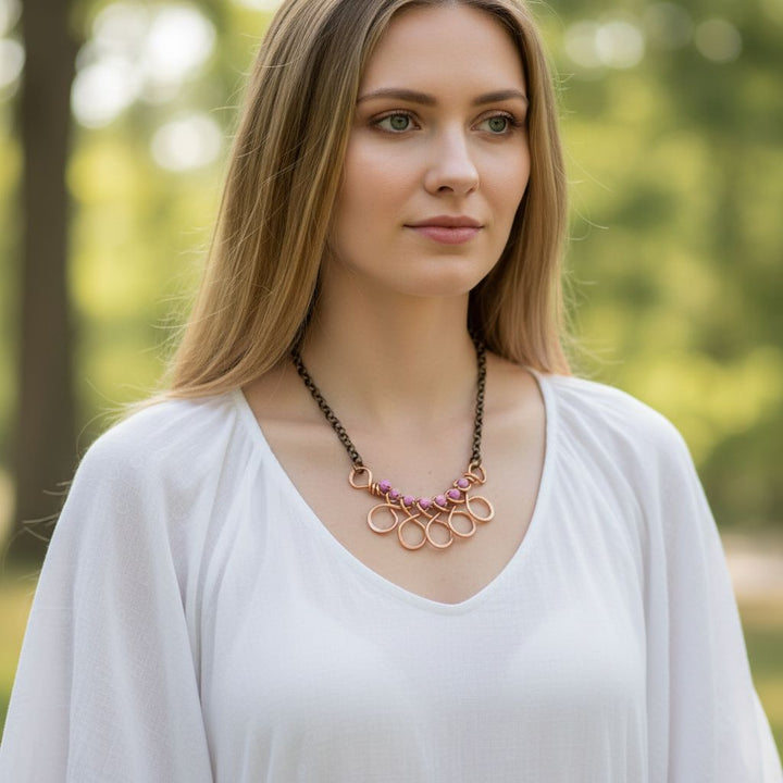 Copper Wire Wrapped Sculpted Pink Gemstone Necklace