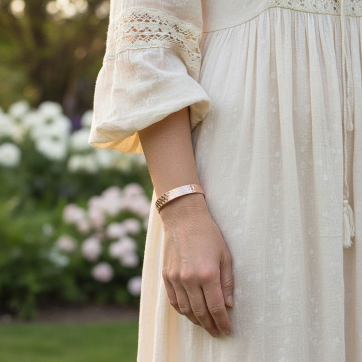 His and Her Copper Embossed Weave Cuff Set 16 Gauge