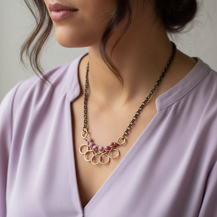 Copper Wire Wrapped Sculpted Pink Gemstone Necklace