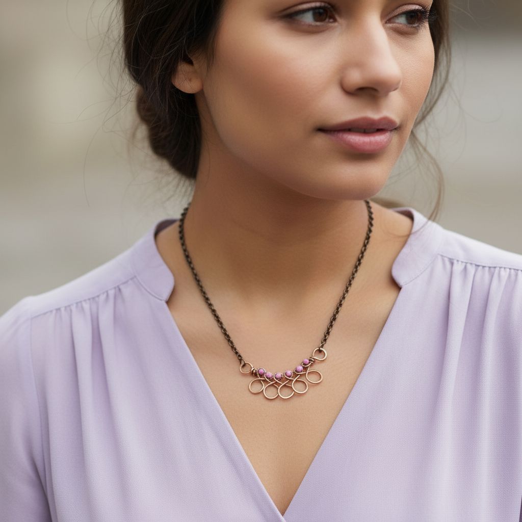 Copper Wire Wrapped Sculpted Pink Gemstone Necklace