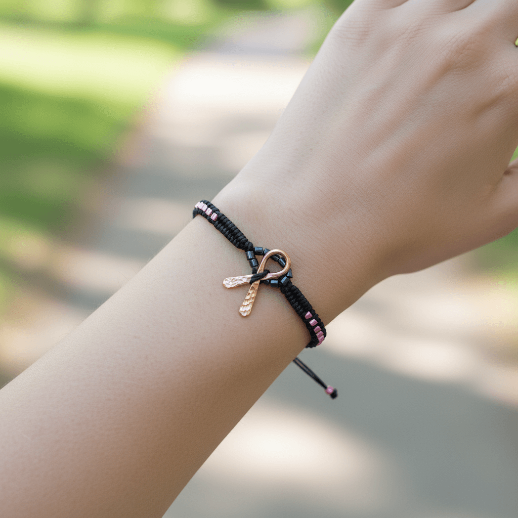 Female model wrist close-up with pink breast cancer awareness bracelet