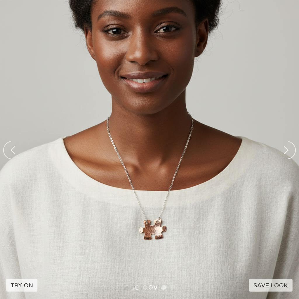 Woman wearing a necklace with a puzzle piece pendant on a plain background