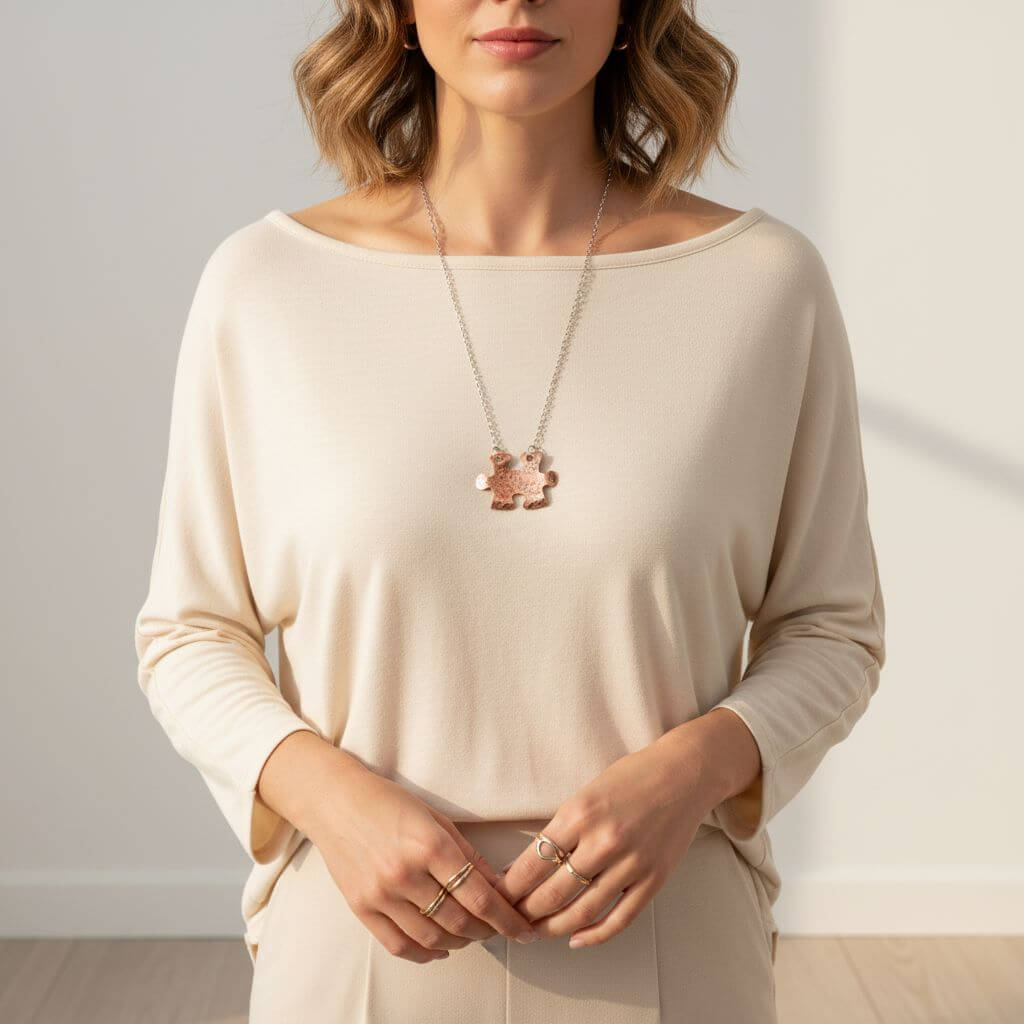 Woman wearing a beige long-sleeve top with a necklace and rings against a neutral background