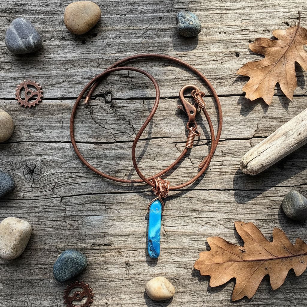 Wire Wrapped Pointed Turquoise Agate Leather Necklace with boho style pendant on wooden background.