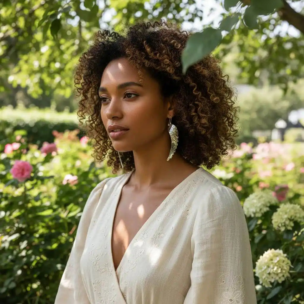 Model showcasing Silver Hammered Sculpted Angel Wing Earrings in a lush garden setting.