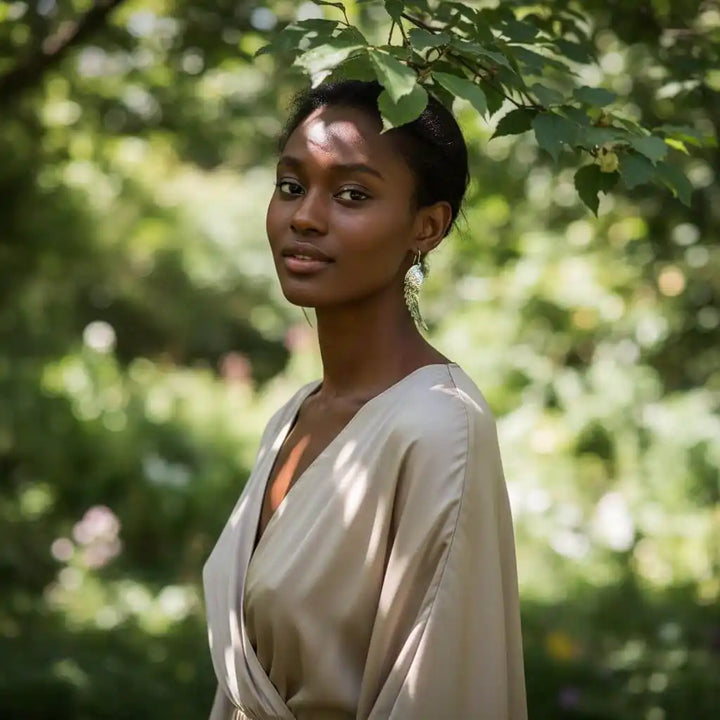 Model wearing Silver Hammered Sculpted Angel Wing Earrings in a lush garden setting with soft natural lighting.