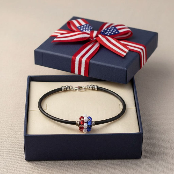 Patriotic Red White Blue Beaded Bead Leather Bracelet displayed in gift box with American flag ribbon