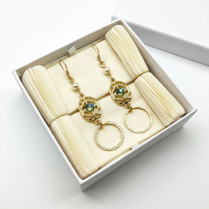 14 KT Gold Filled Green Crystal Hammered Circle Filigree Earrings