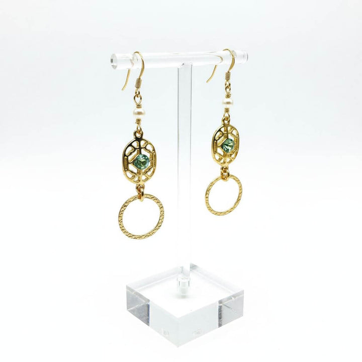 14 KT Gold Filled Green Crystal Hammered Circle Filigree Earrings