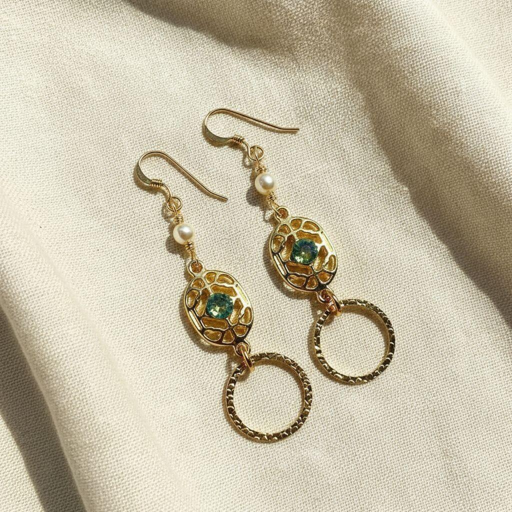 14 KT Gold Filled Green Crystal Hammered Circle Filigree Earrings