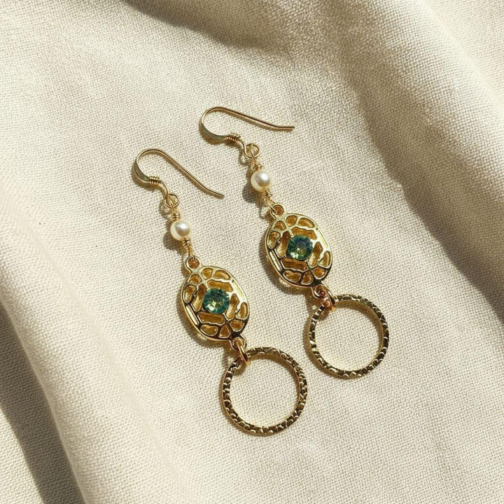 14 KT Gold Filled Green Crystal Hammered Circle Filigree Earrings
