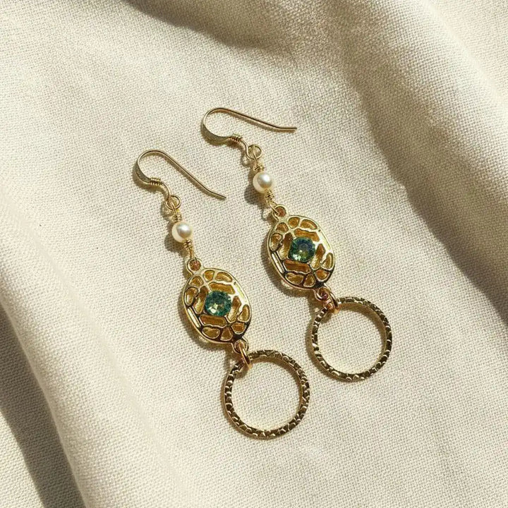 14 KT Gold Filled Green Crystal Circle Filigree Earrings with pearls and elegant design.