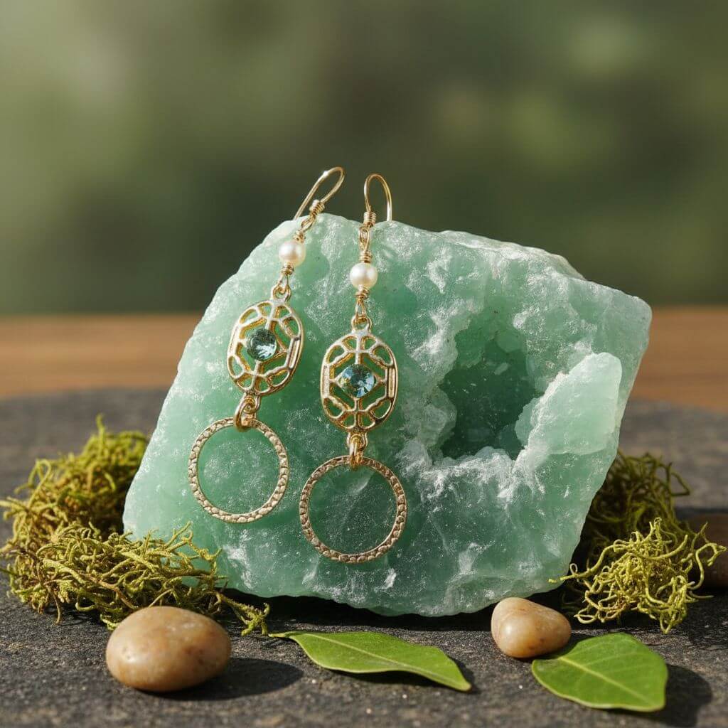 14 KT Gold Filled Green Crystal Hammered Circle Filigree Earrings