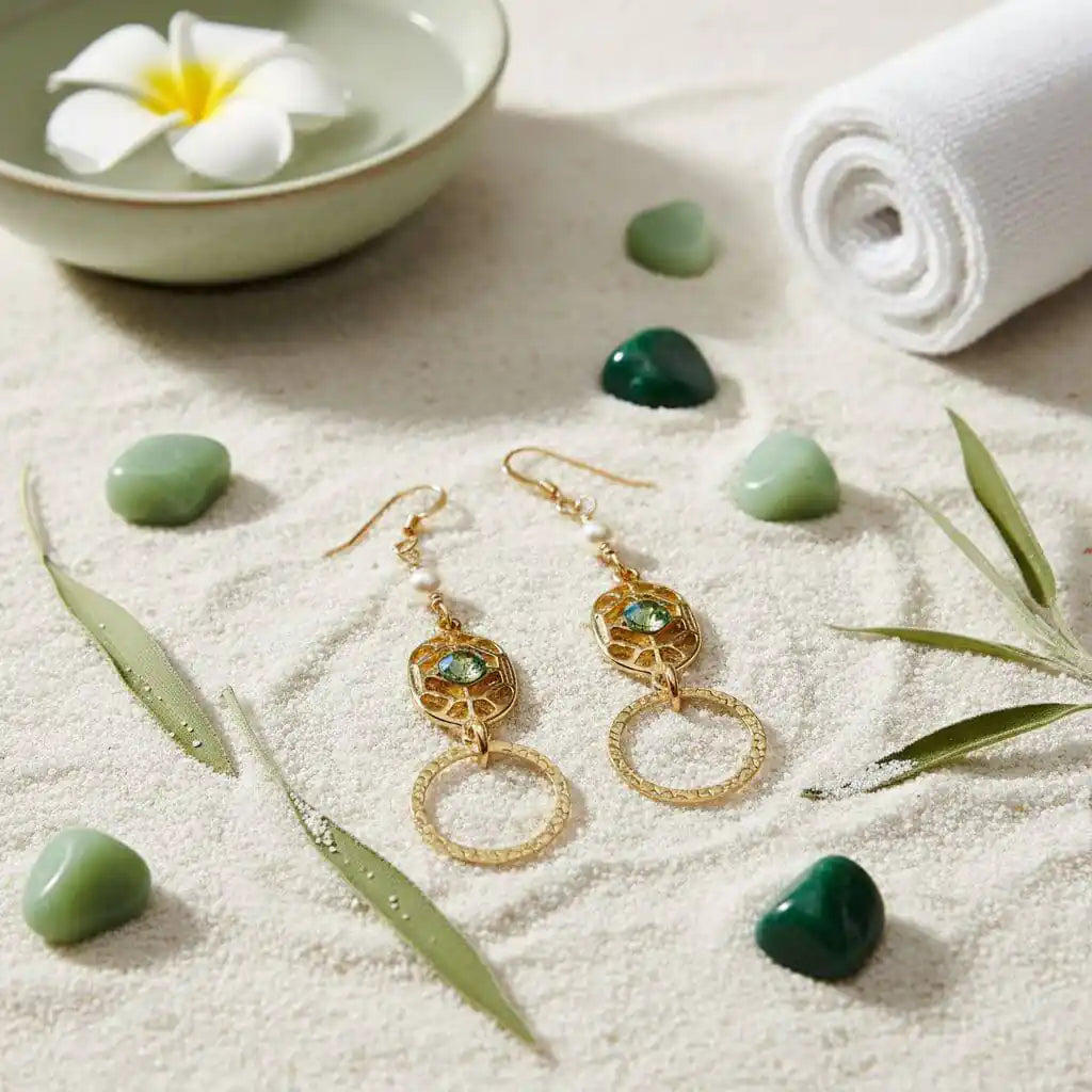 14 KT Gold Filled Green Crystal Circle Filigree Earrings displayed on sand with greenery and a flower
