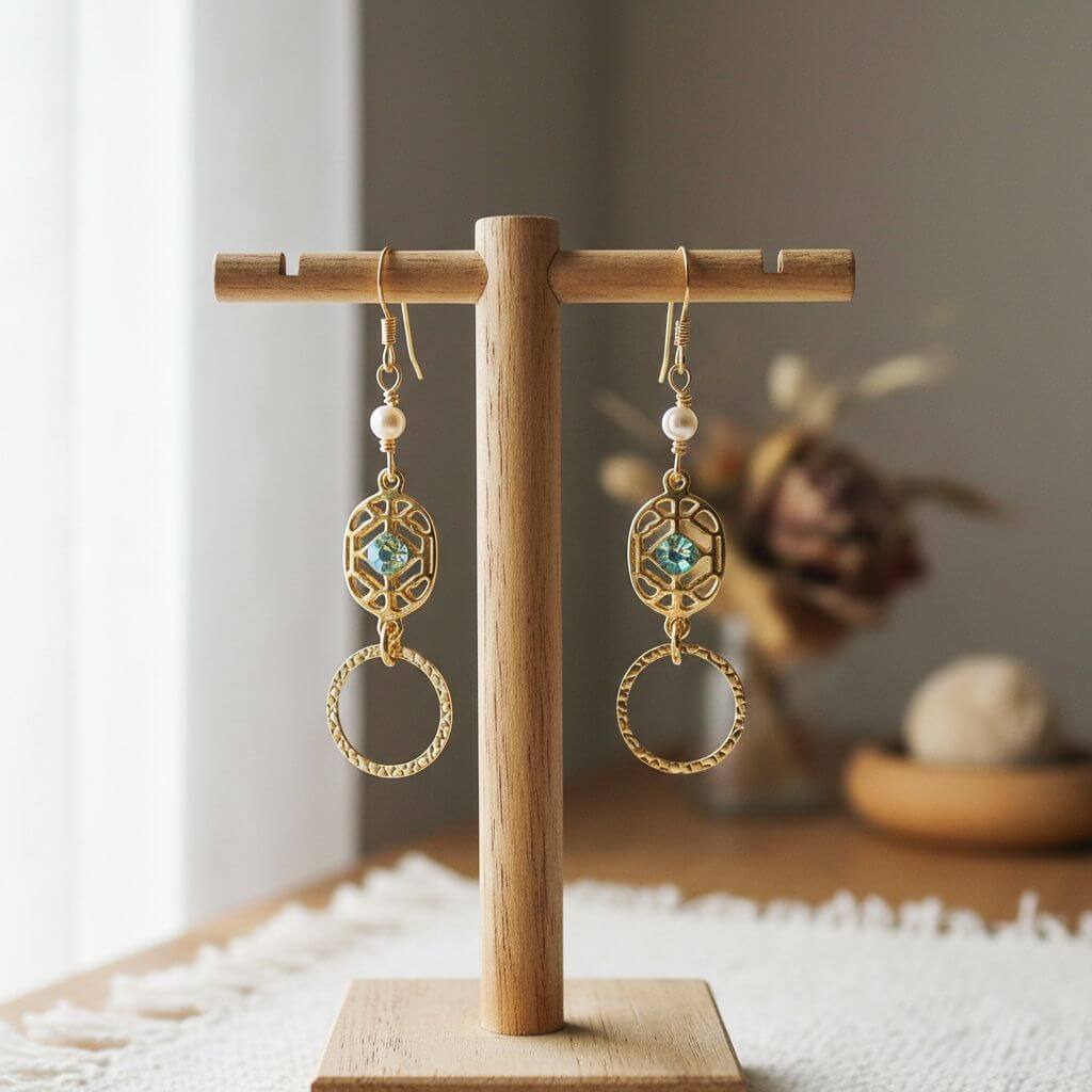14 KT Gold Filled Green Crystal Hammered Circle Filigree Earrings