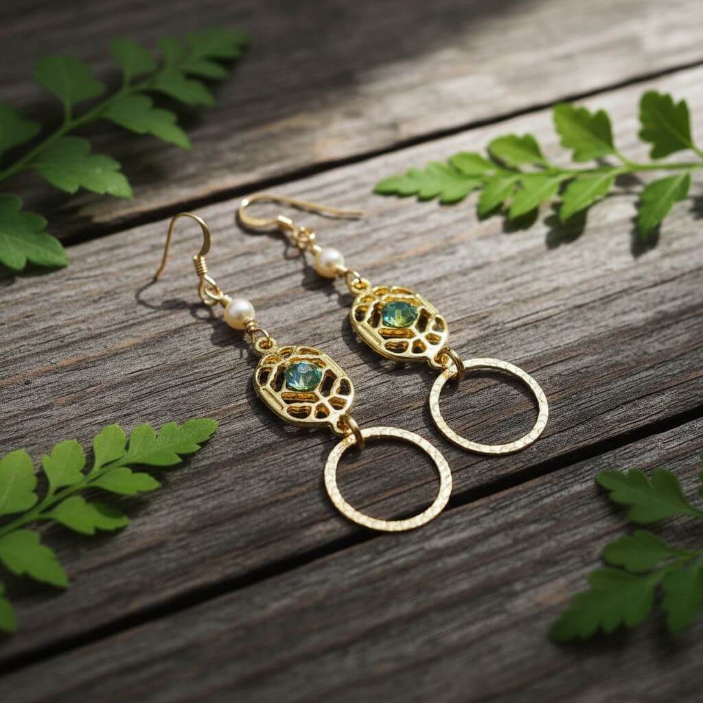 14 KT Gold Filled Green Crystal Hammered Circle Filigree Earrings