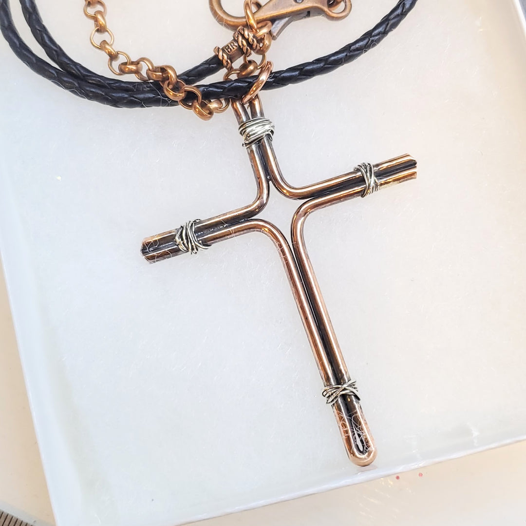Handmade Copper and Silver Wire Cross Necklace for men