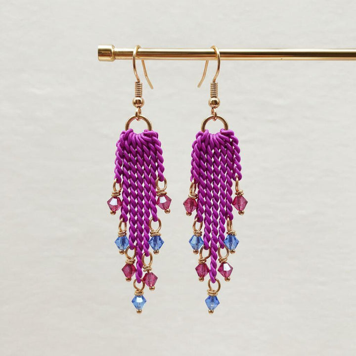 Hot Pink Tassel Chain Crystal Earrings