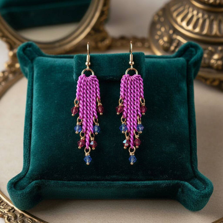 Hot Pink Tassel Chain Crystal Earrings