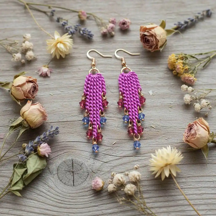 Hot Pink Tassel Chain Crystal Earrings