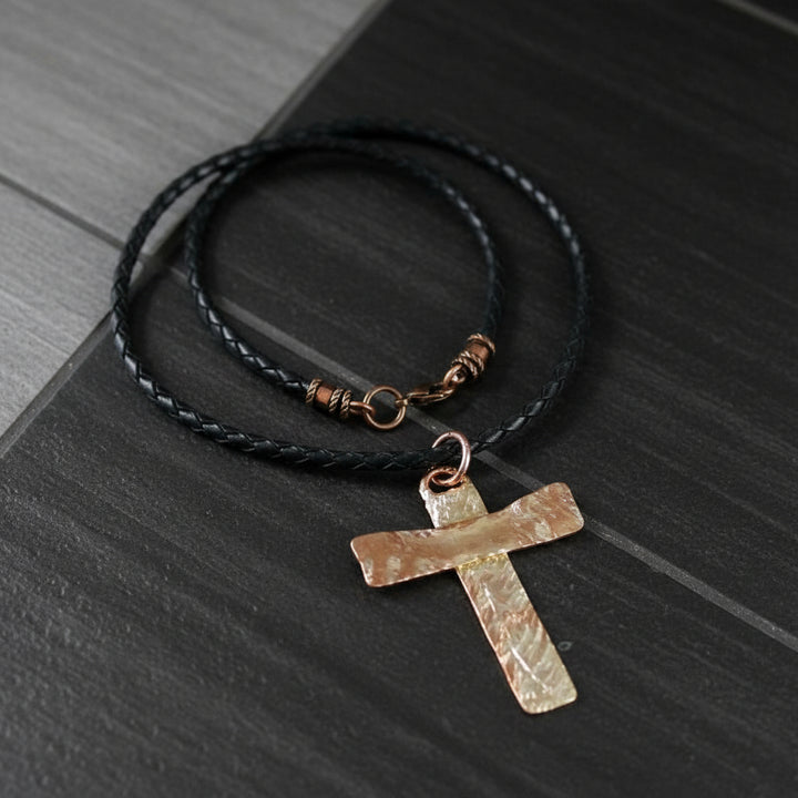 Copper Sterling Silver Hammer Forged Masculine Cross Necklace