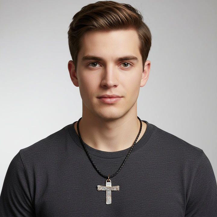 Copper Sterling Silver Hammer Forged Masculine Cross Necklace