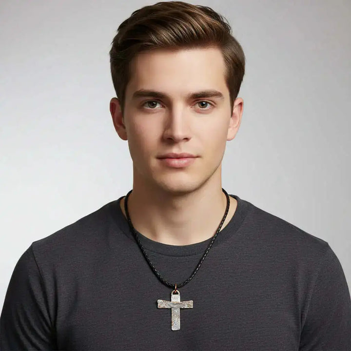 925 Silver Copper Hammer Forged Masculine Cross Necklace worn by a man, showcasing its bold design and craftsmanship.