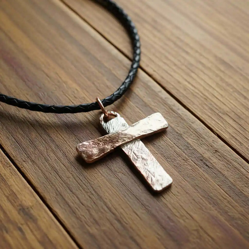 925 Silver Copper Hammer Forged Masculine Cross Necklace on a black braided leather cord, showcasing unique craftsmanship.