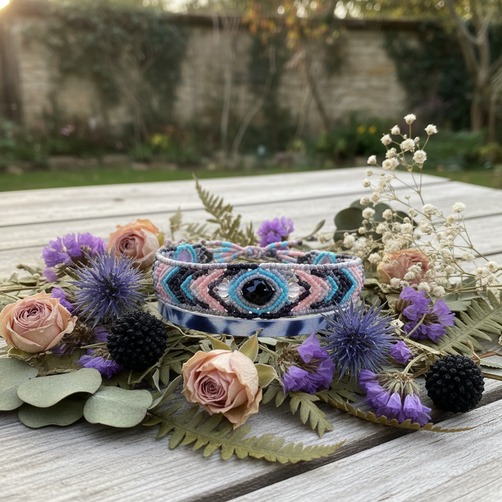 Macrame tie-dye leather bracelet with dried flowers
