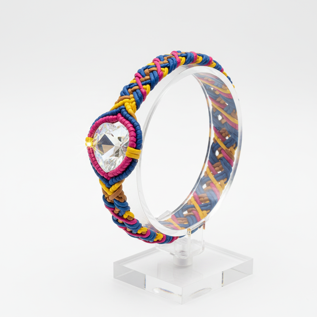 Tie-dye macrame bracelet on clear acrylic stand