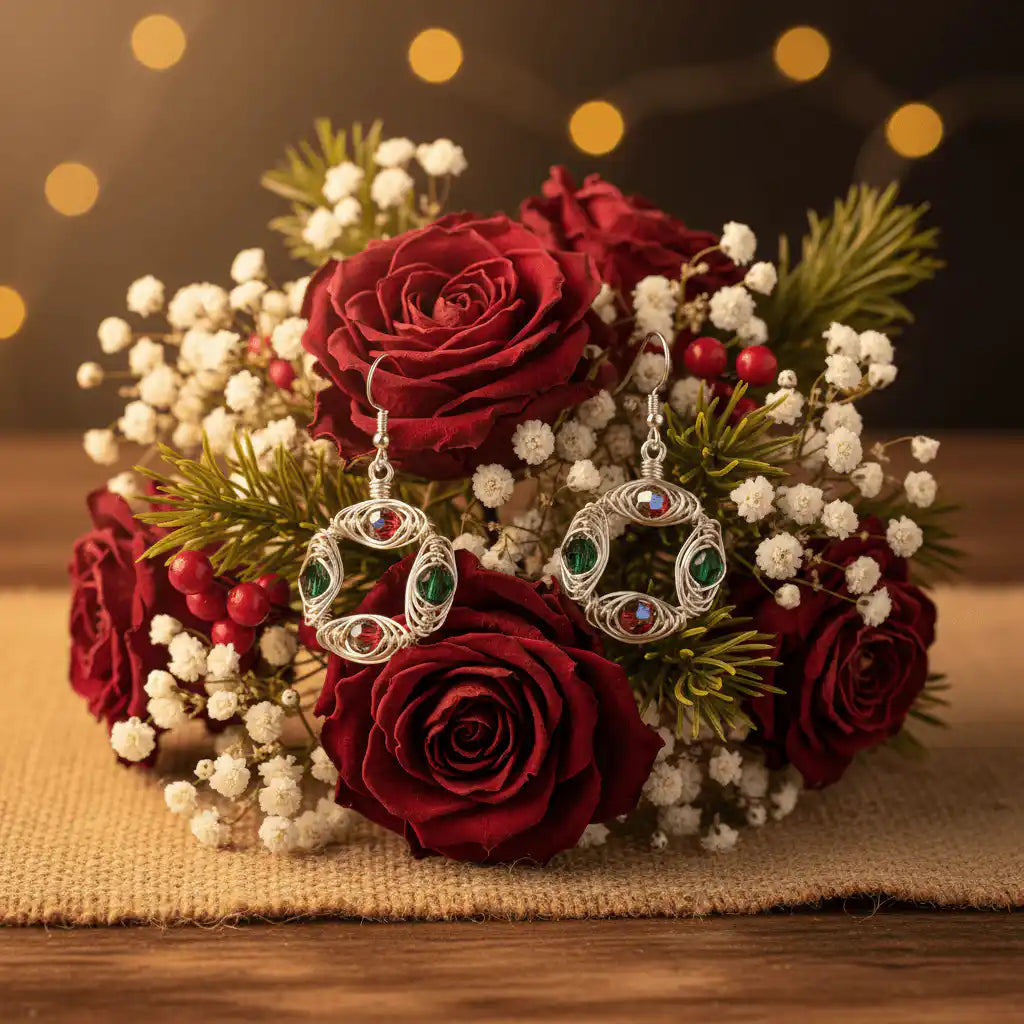 Christmas wreath jewelry with dried roses and botanicals