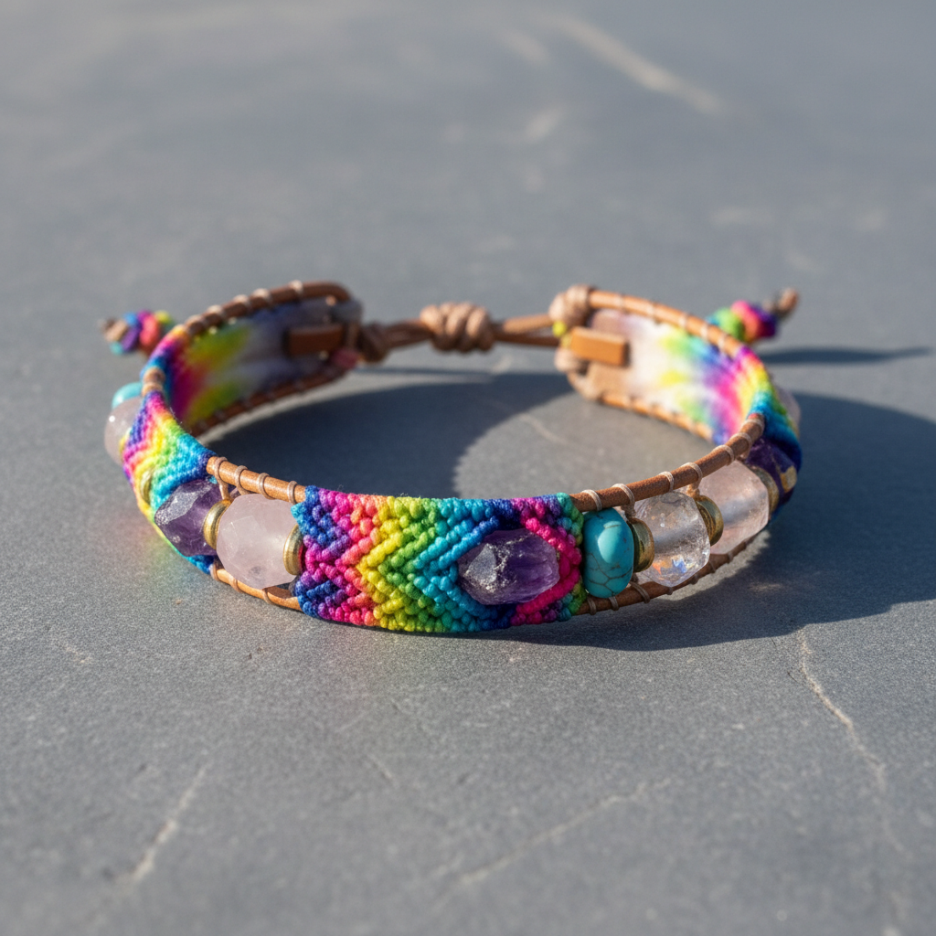 Macrame tie-dye leather bracelet on gray stone surface