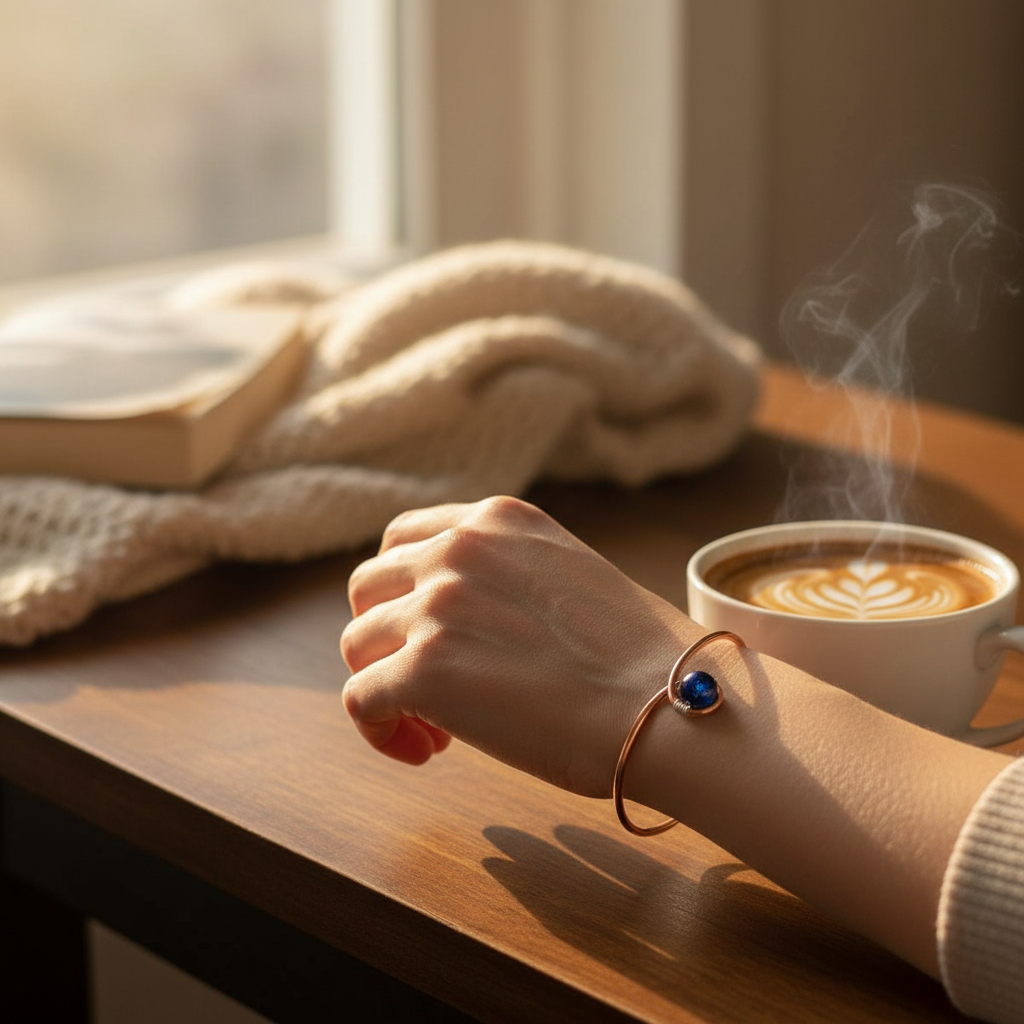 Hand wearing copper bangle reaching for coffee lifestyle moment