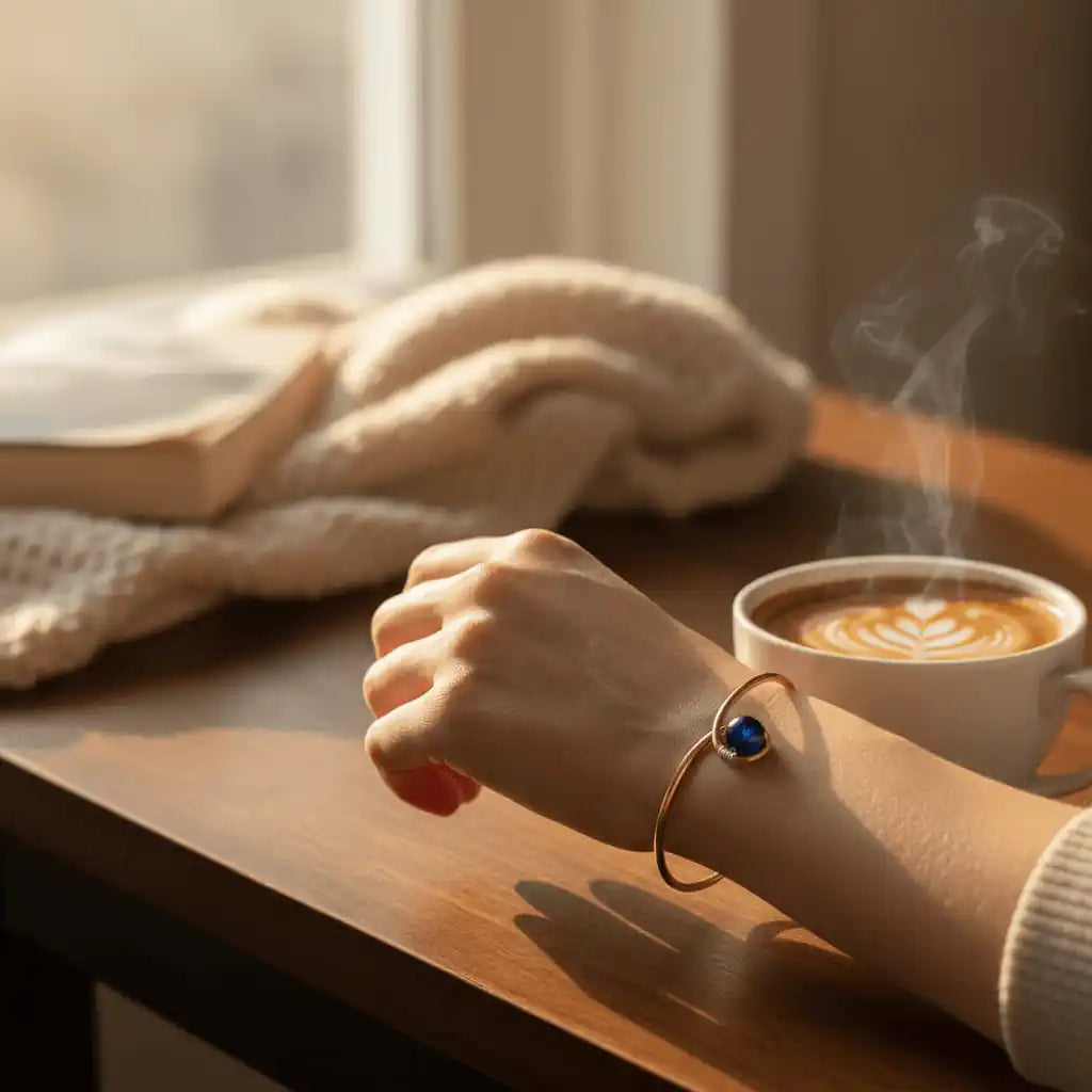 Hand wearing copper bangle reaching for coffee lifestyle moment