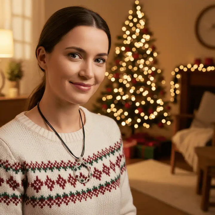 Woman wearing Christmas wreath necklace with red and green crystals