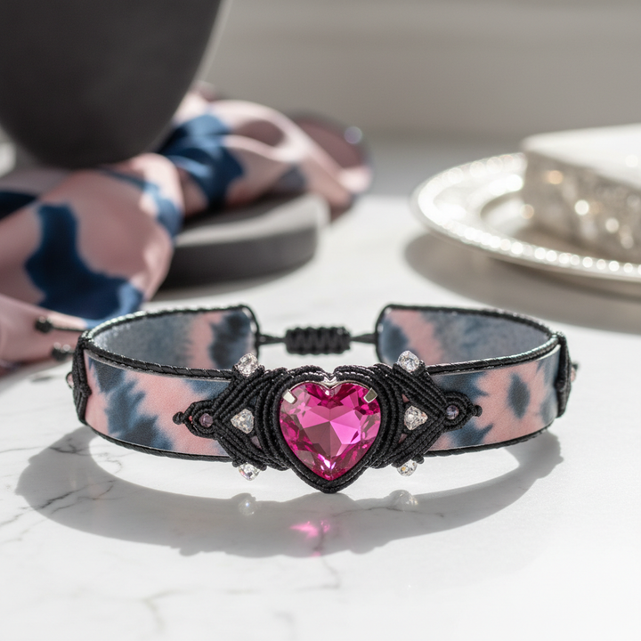 Macrame tie-dye leather bracelet on white marble surface