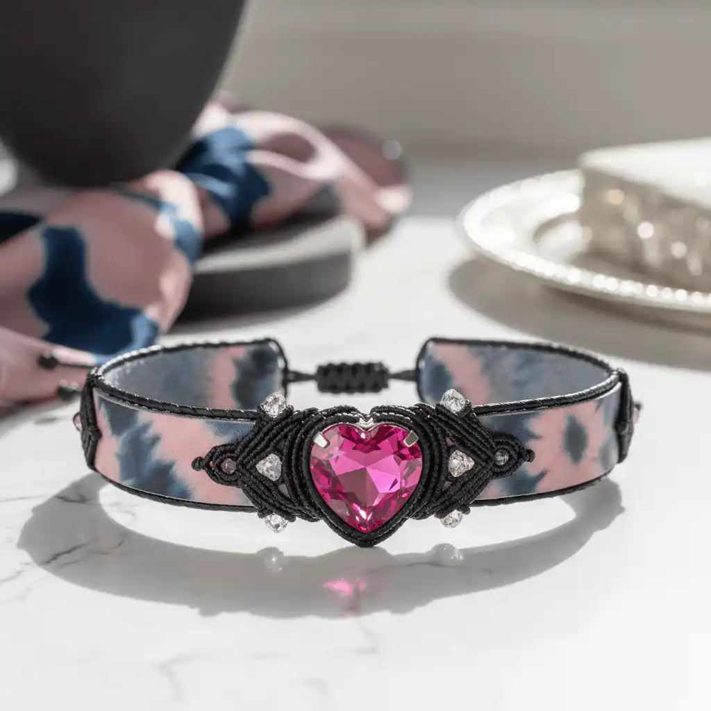 Macrame tie-dye leather bracelet on white marble surface