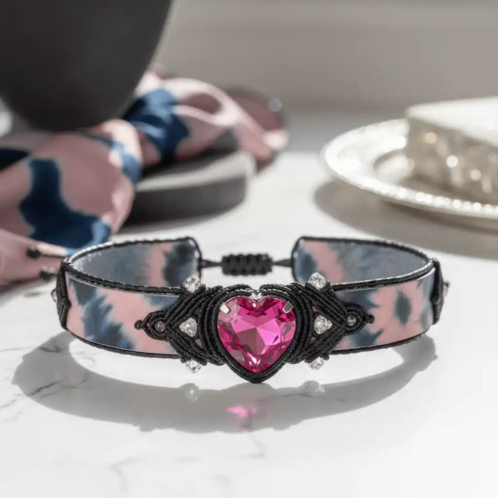 Macrame tie-dye leather bracelet on white marble surface