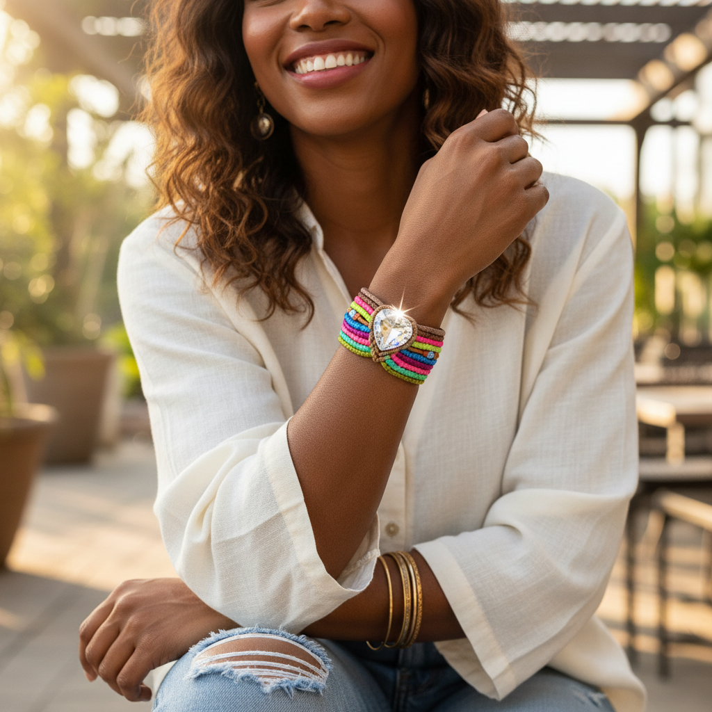 Woman with dark skin tone wearing colorful macrame leather bracelet