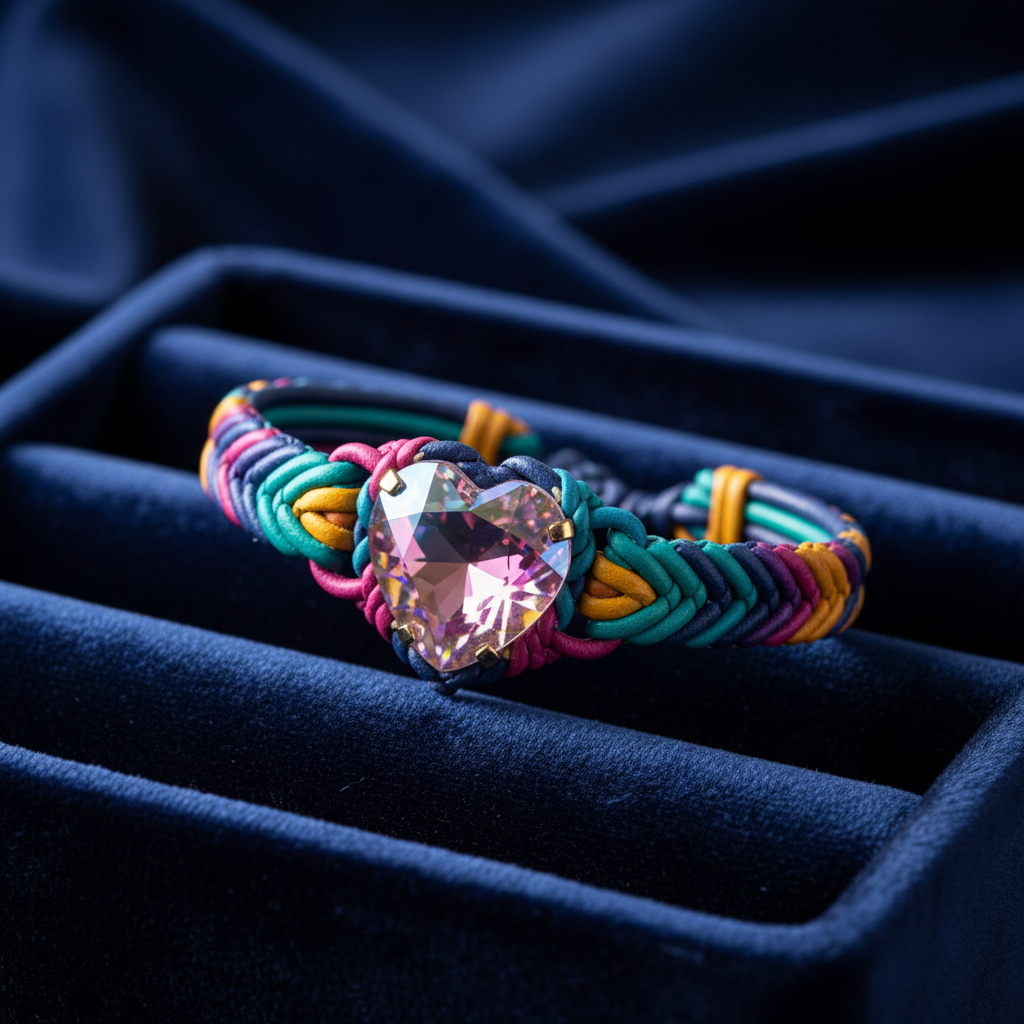 Tie-dye macrame bracelet on navy blue velvet tray