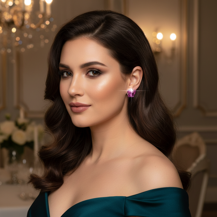 Woman wearing fuchsia butterfly crystal studs