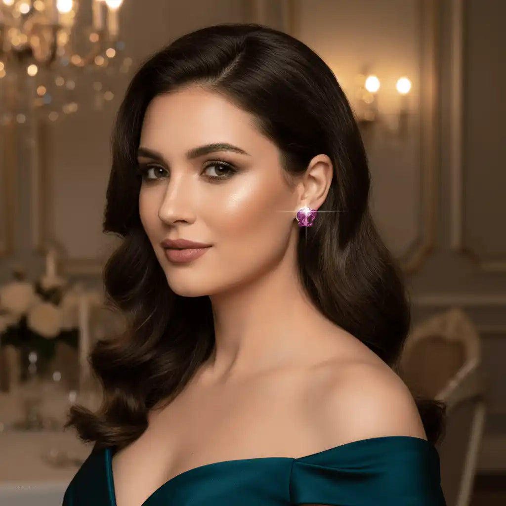 Woman wearing fuchsia butterfly crystal studs
