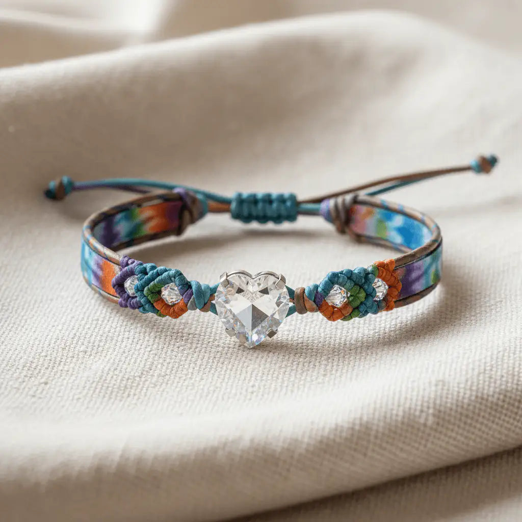 Tie-dye macrame leather bracelet on cream linen fabric