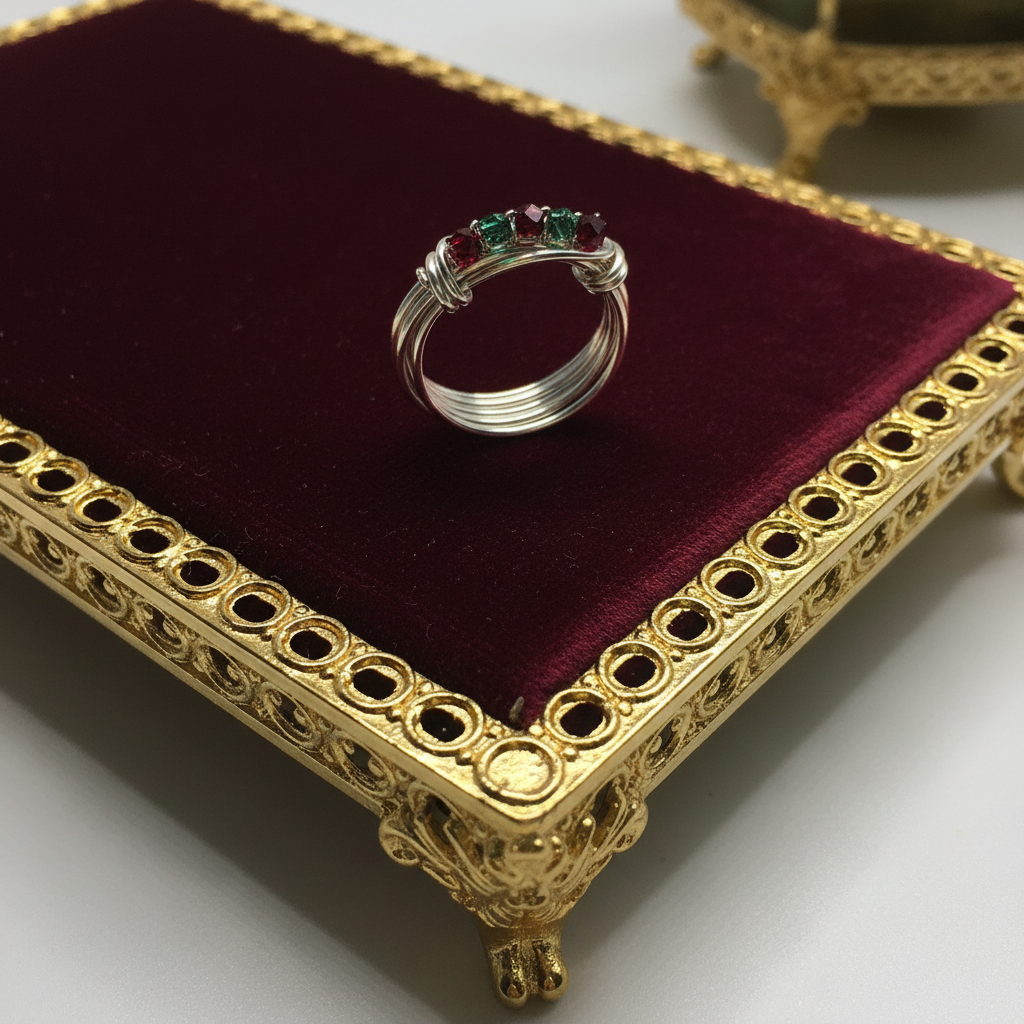 Christmas wreath ring on burgundy velvet tray