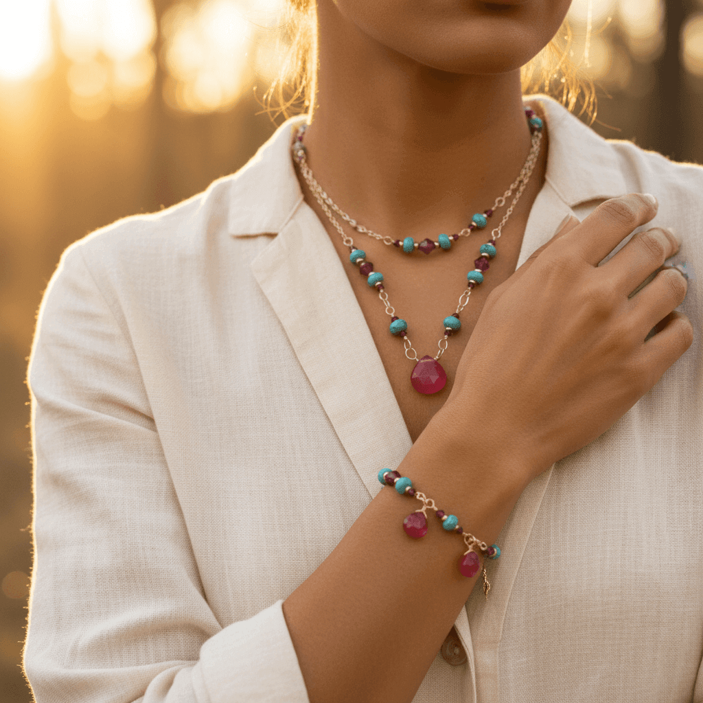 Close-up detail of Pink Chalcedony and Turquoise jewelry bundle