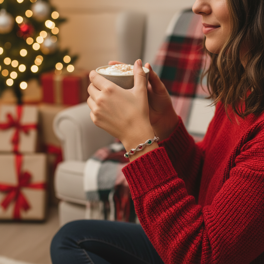Woman wearing Christmas wreath bracelet with hot cocoa