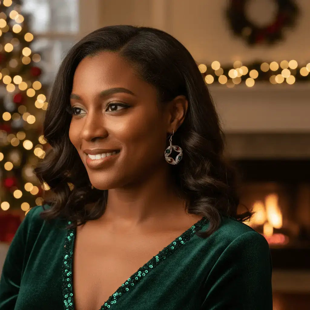Woman wearing Christmas wreath earrings with red and green crystals
