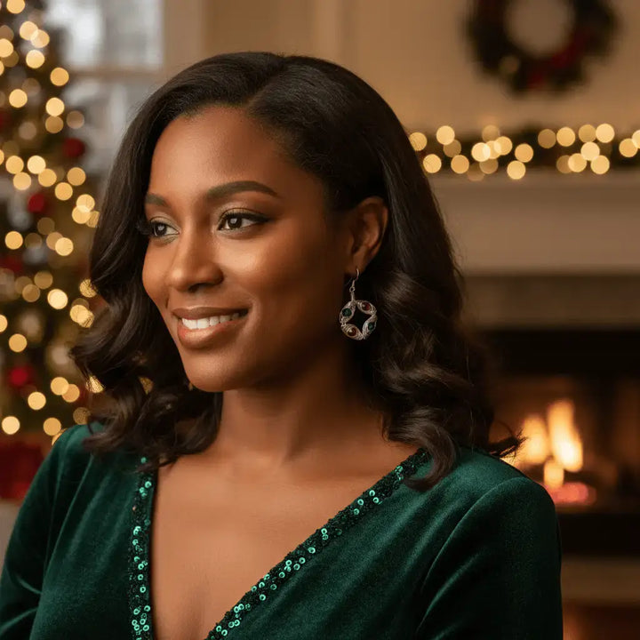 Woman wearing Christmas wreath earrings with red and green crystals